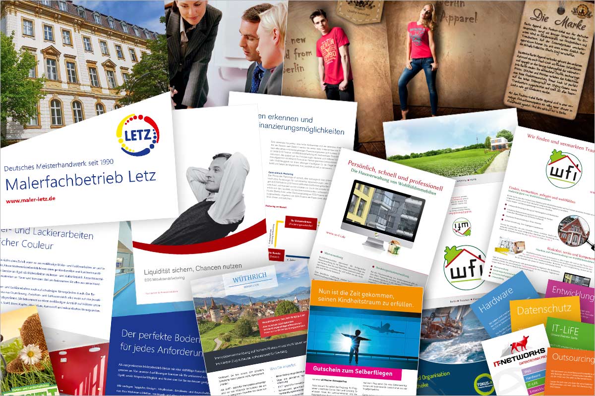 Bildcollage von Referenzen Broschüren und Flyer - Werbeagentur für Oberbayern