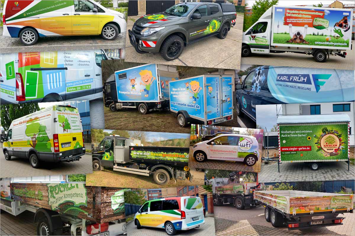 Bildcollage von Refrenzen Firmenwagenwerbung + Fahrzeugbeschriftung - Werbeagentur für Oberbayern
