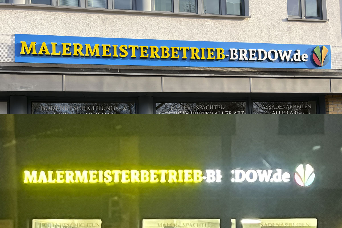 Referenz einer Leuchtreklame am Tag und bei Nacht von der Werbeagentur  für Oberbayern