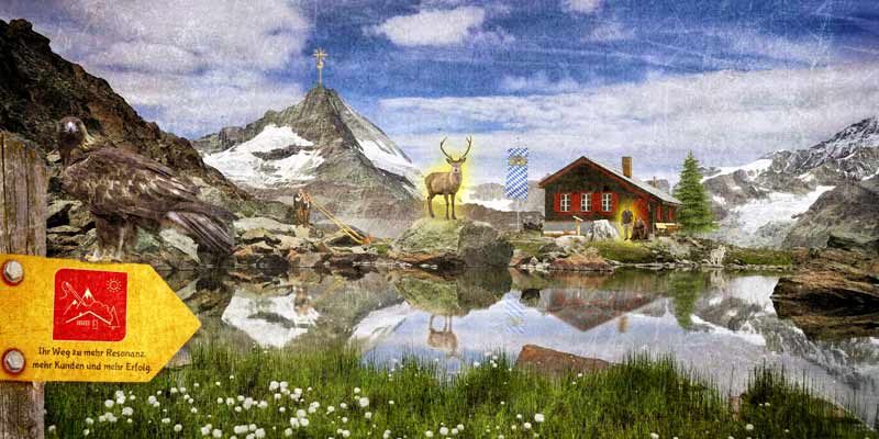 Bildcollage der Werbeagentur in einer fantasievollen Bergkulisse